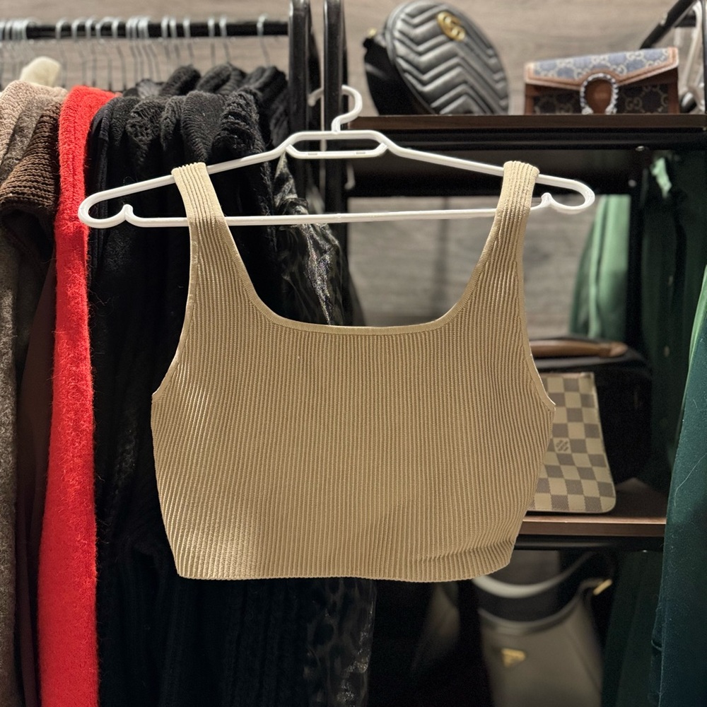 Babaton Tan Ribbed Crop Top